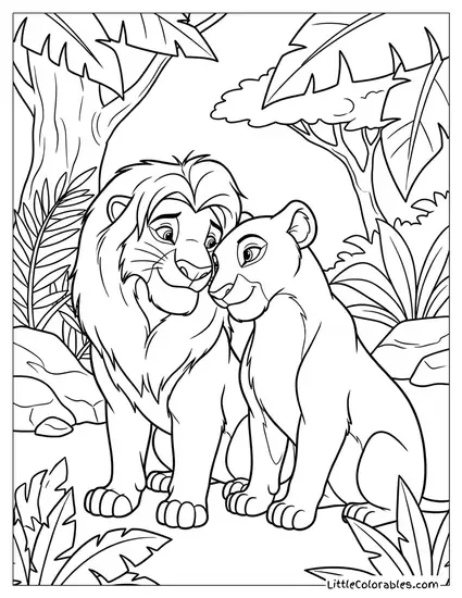 Adult Simba and Nala Reuniting in the Jungle Lion King Coloring Page
