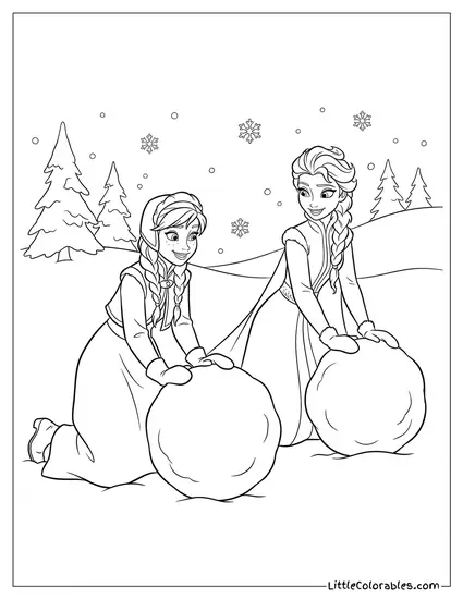 Anna and Elsa Building a Snowman Together Frozen Coloring Page