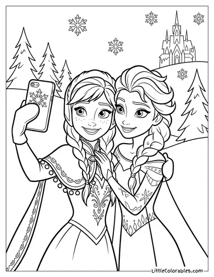 Anna and Elsa Taking a Selfie with a Smartphone Frozen Coloring Page