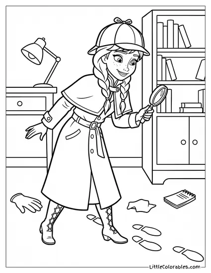 Anna Dressed as a Detective Solving a Mystery Frozen Coloring Page