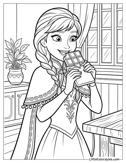 Anna Eating Chocolate Frozen Coloring Page