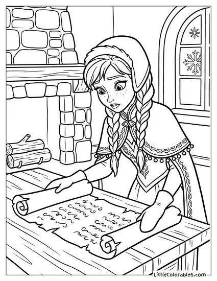 Anna Looking at the Ancient Scroll Frozen Coloring Page