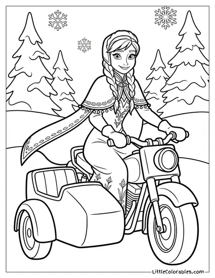 Anna Riding a Motorcycle Frozen Coloring Page