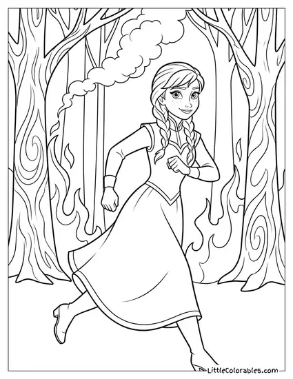 Anna Running Through the Burning Forest Frozen Coloring Page