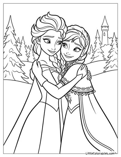 Elsa and Anna Hugging Tightly Frozen Coloring Page
