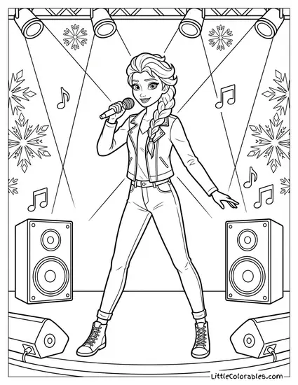 Elsa Dressed as a Modern Pop-Star Singing into a Mic Frozen Coloring Page