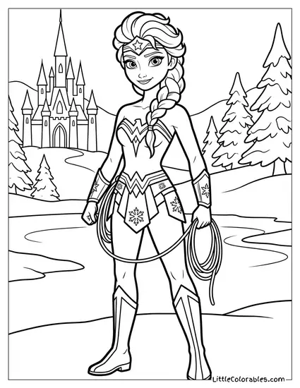 Elsa Dressed as Wonder Woman Frozen Coloring Page