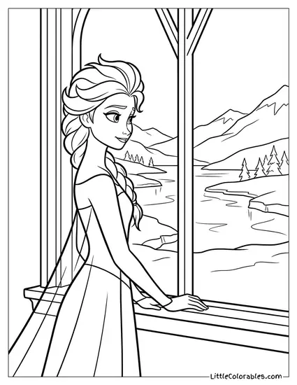 Elsa Looking Out the Window at the Fjord Frozen Coloring Page