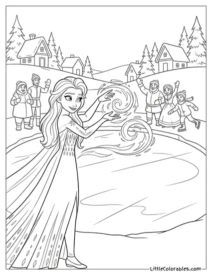Elsa Making an Ice Rink for the Villagers Frozen Coloring Page