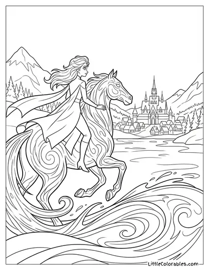 Elsa Riding the Nokk to Arendelle Frozen Coloring Page