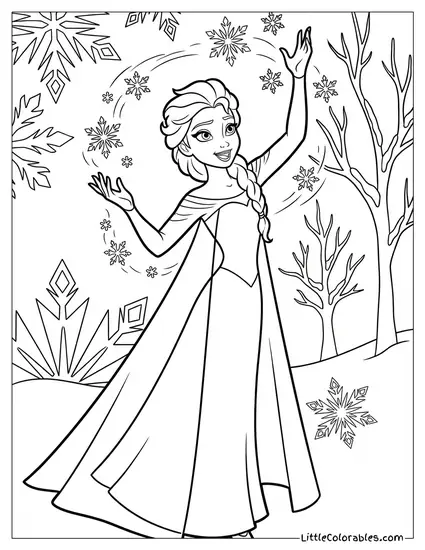 Elsa Singing Let It Go with Snowflakes Swirling Frozen Coloring Page