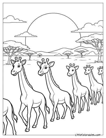 Giraffes Walking Across the Savanna at Sunset Lion King Coloring Page