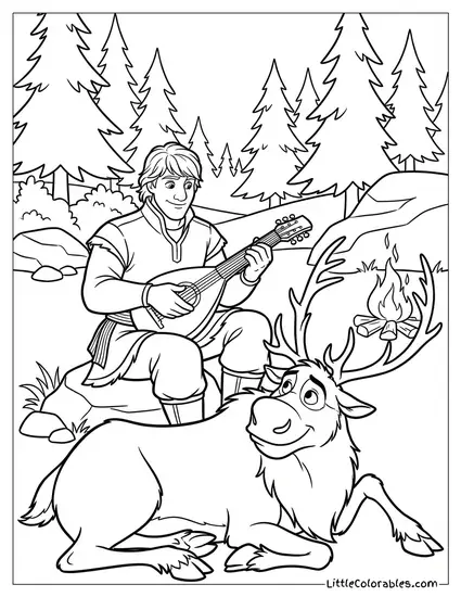 Kristoff Playing His Lute for Sven Frozen Coloring Page