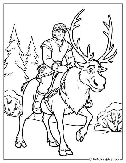Kristoff Riding Sven Through the Forest Frozen Coloring Page