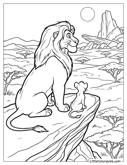 Mufasa and Young Simba Looking at the Kingdom from the Peak Lion King Coloring Page