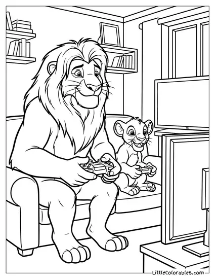Mufasa Playing Video Games with Young Simba Lion King Coloring Page