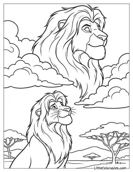 Mufasa's Spirit Appearing in the Clouds to Adult Simba Lion King Coloring Page