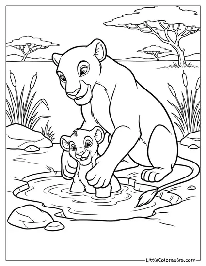 Nala Bathing Baby Kiara Lion King Coloring Page