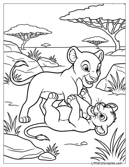 Nala Pinning Simba During a Fight Lion King Coloring Page