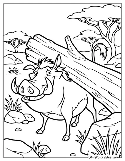Pumbaa Stuck Under a Log Lion King Coloring Page