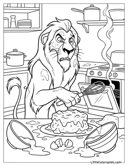 Scar Trying to Bake a Cake and Failing Lion King Coloring Page
