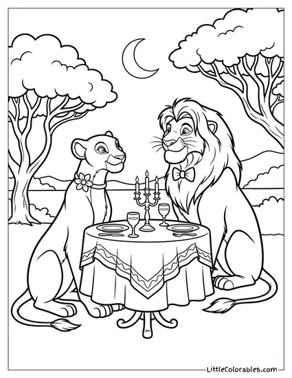Simba and Nala Having a Fancy Dinner Date Lion King Coloring Page