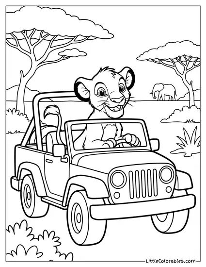 Simba Driving a Safari Jeep Lion King Coloring Page