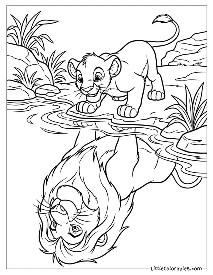 Simba Looking at His Reflection in the Water Seeing Mufasa Lion King Coloring Page