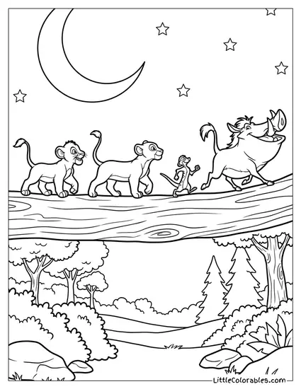 Simba Nala Timon and Pumbaa Walking Across a Log Under the Moon Lion King Coloring Page