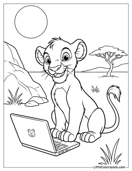 Simba Using a Laptop Computer Lion King Coloring Page