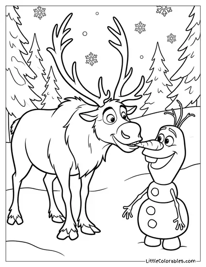 Sven Trying to Eat a Carrot from Olafs Nose Frozen Coloring Page