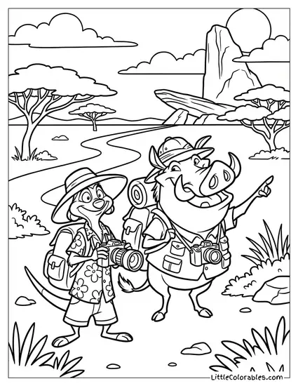 Timon and Pumbaa Dressed as Tourists with Cameras Lion King Coloring Page
