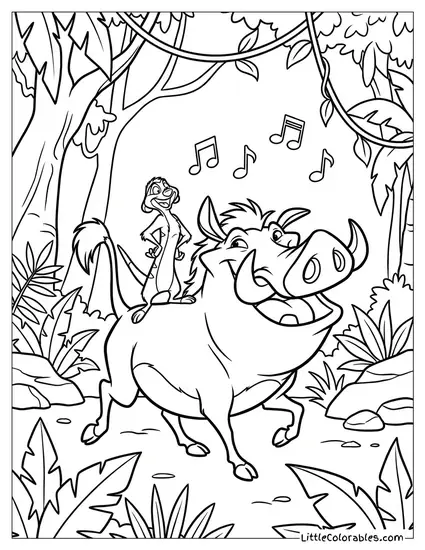 Timon and Pumbaa Walking in the Jungle Singing Hakuna Matata Lion King Coloring Page
