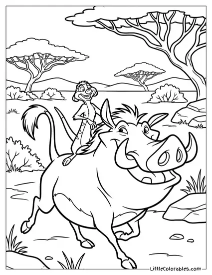 Timon Riding on Pumbaa's Back Lion King Coloring Page