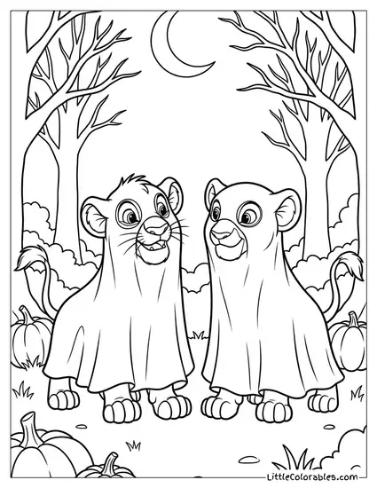 Young Simba and Nala Dressed as Ghosts for Halloween Lion King Coloring Page