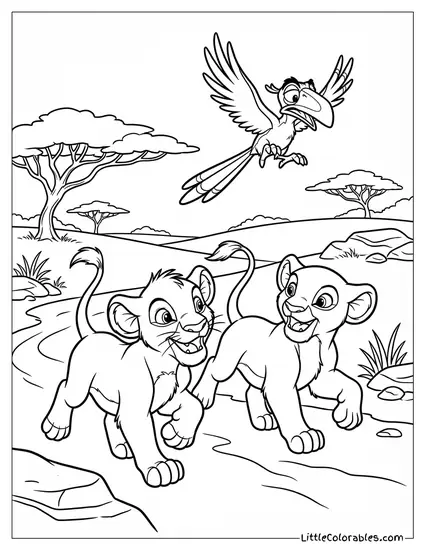 Young Simba and Nala Running Away from Zazu Lion King Coloring Page