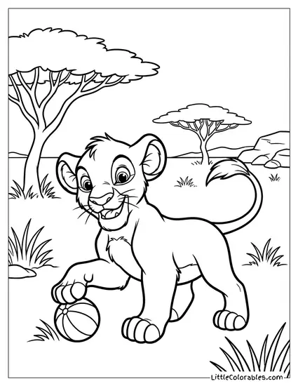 Young Simba Playing Soccer with a Melon Ball Lion King Coloring Page
