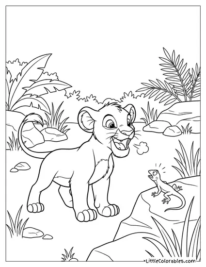 Young Simba Trying to Roar at a Lizard Lion King Coloring Page