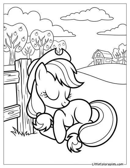Applejack Fast Asleep Leaning Casually Against a Simple Wooden Fence Post My Little Pony Coloring Page