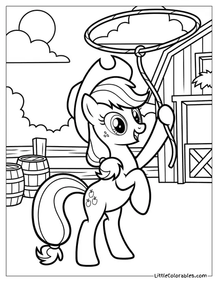 Applejack Standing on Her Hind Legs Cheerfully Twirling a Lasso in the Air My Little Pony Coloring Page