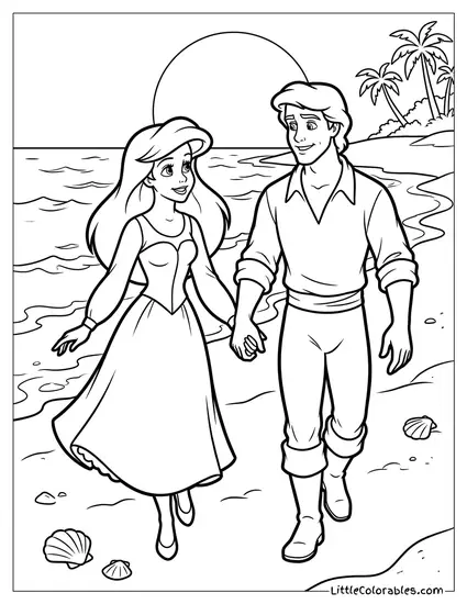 Ariel and Eric Walking on the Sand Coloring Page
