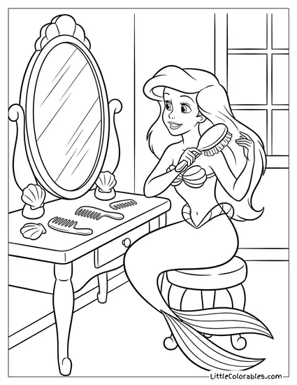 Ariel Brushing Her Hair in a Mirror Coloring Page