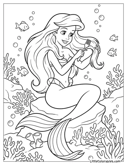 Ariel Combing Her Red Hair with a Dinglehopper Fork Coloring Page