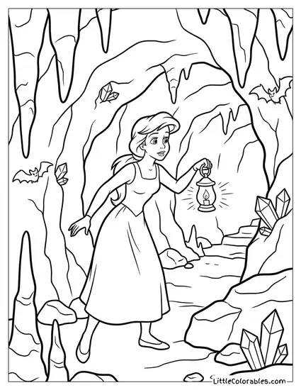 Ariel Exploring a Dark Cave Coloring Page