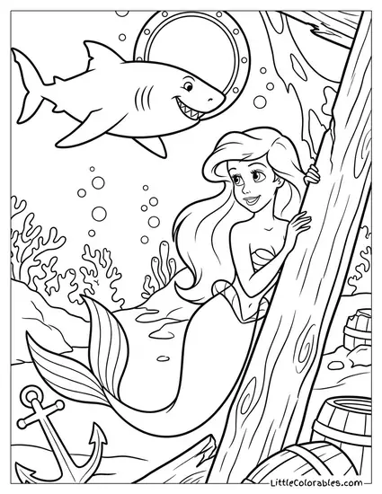 Ariel Hiding from a Shark in a Shipwreck Coloring Page