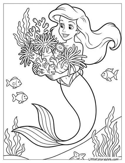 Ariel Holding a Bouquet of Sea Flowers Coloring Page