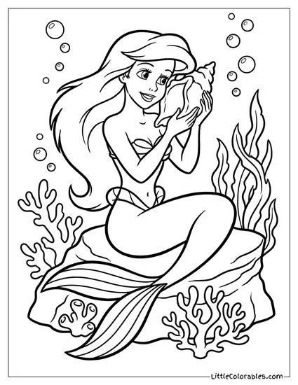 Ariel Holding a Shell to Her Ear Coloring Page