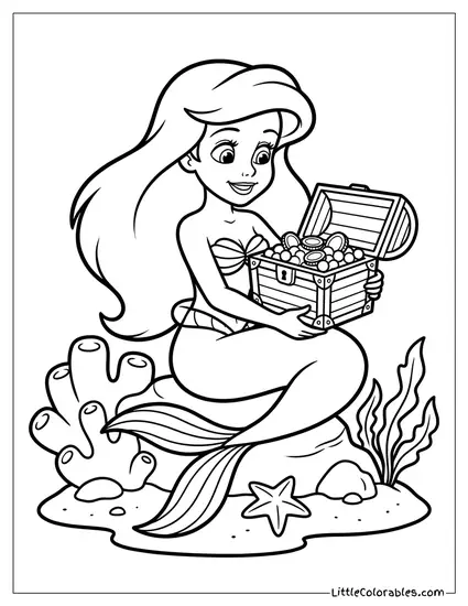 Ariel Holding a Treasure Chest Coloring Page