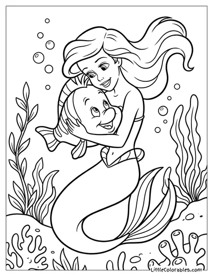 Ariel Hugging Flounder Tightly Coloring Page