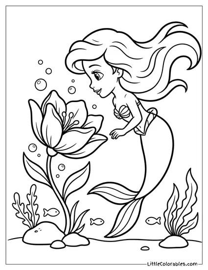 Ariel Looking at a Flower Underwater Coloring Page